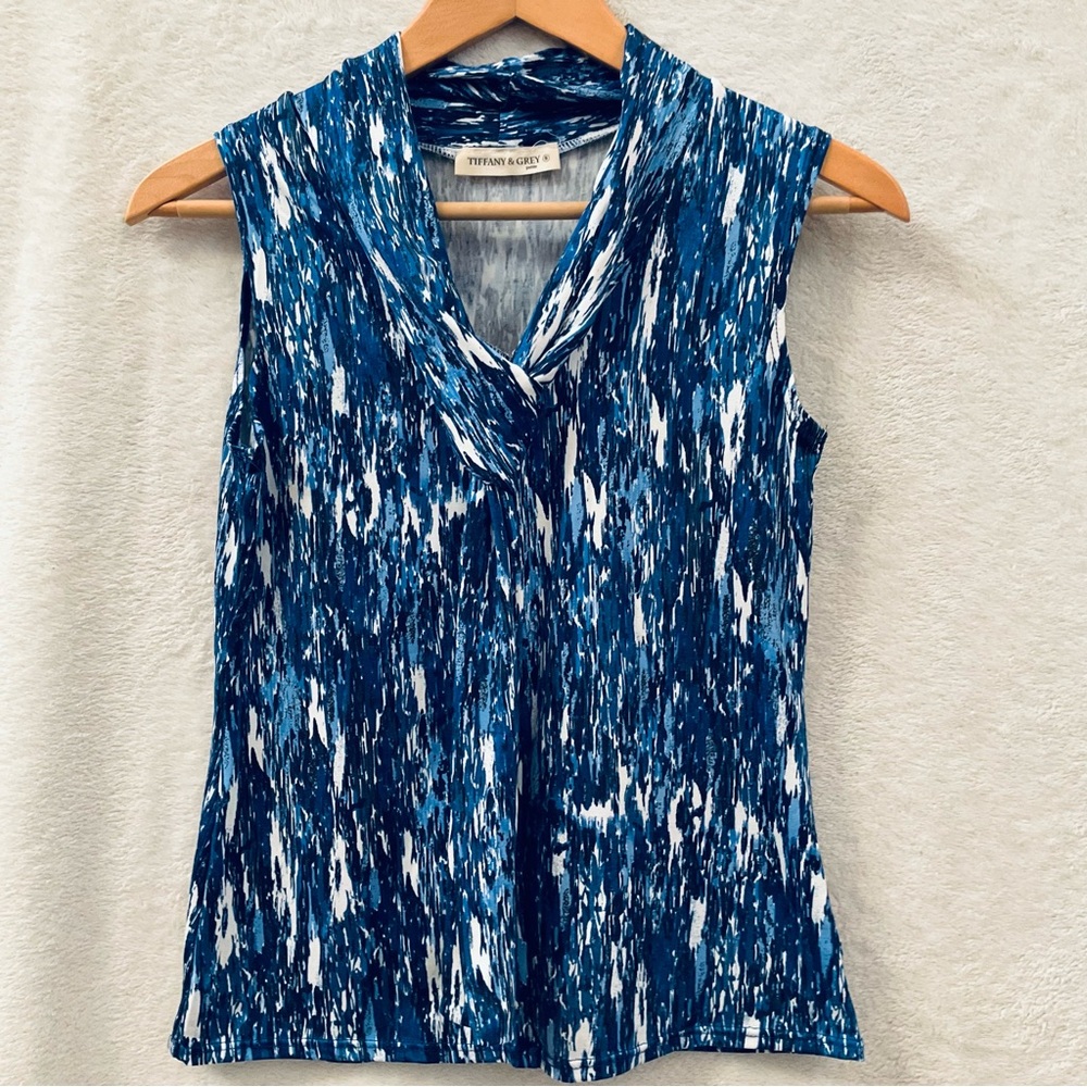 🌼4/$10🌼 NWT TIFFANY & GREY Silky Blue Sleeveless Blouse Petite Small Office Work